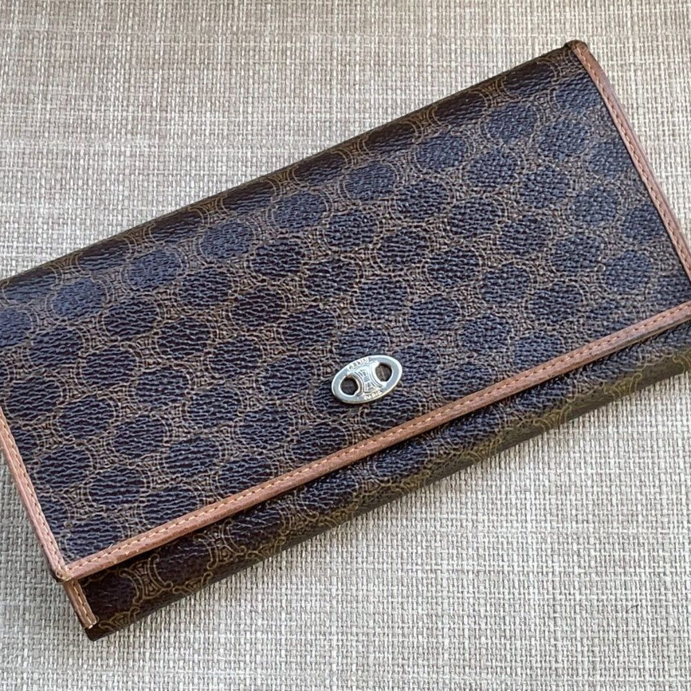 CELINE C Macadam Long Bifold Wallet Card Holder Leather Clutch Purse Made in Ita - Picture 1 of 12